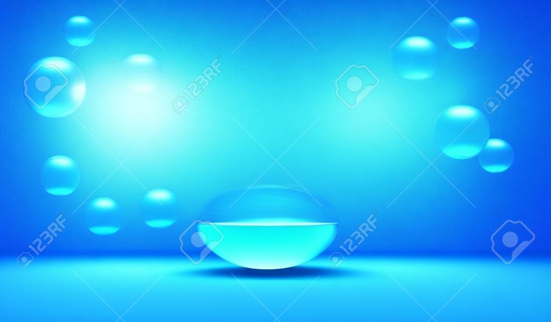 3d render, blauw podium met rond helder bubbels water op zee achtergrond. Template drijvende abstracte geometrische podium, platform met zeep bollen of vloeibare ballen voor display product cosmetische, tentoonstelling