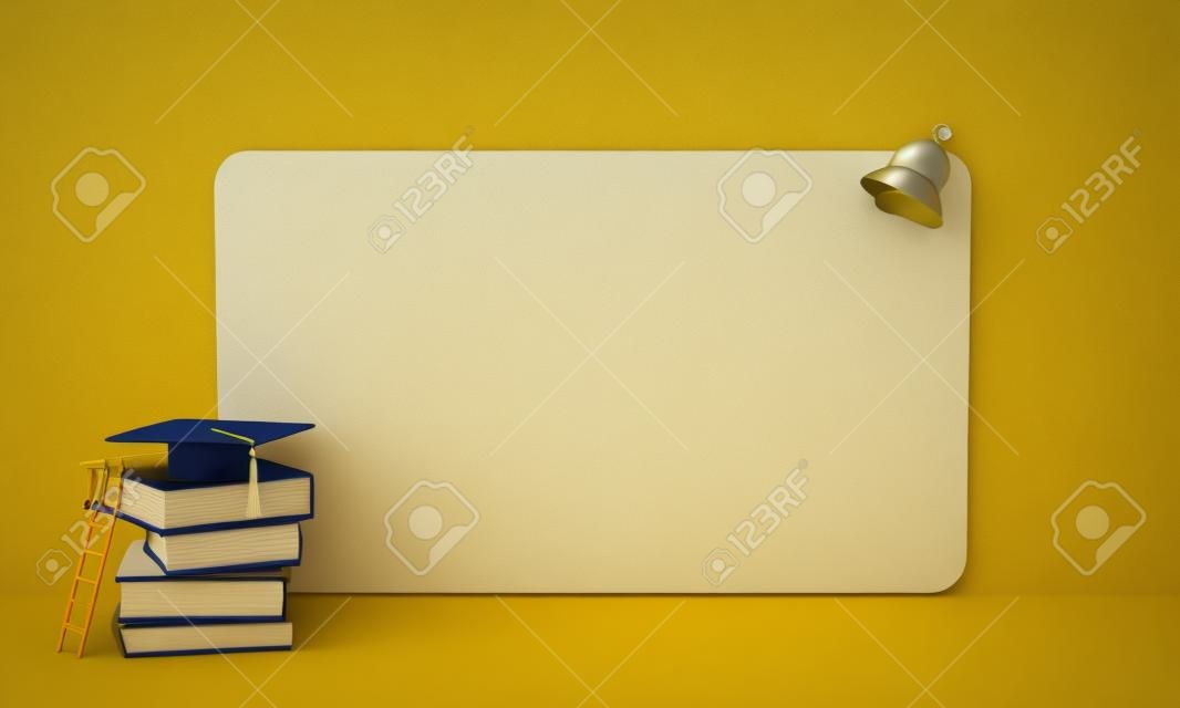 Biała tablica, pusty plakat ze stosami książek, czapka dyplomowa, drabina i dzwonek. koncepcja powrotu do szkoły, edukacji, uniwersytetu i studiów wyższych. realistyczne renderowanie 3d pusta ramka na żółtym tle