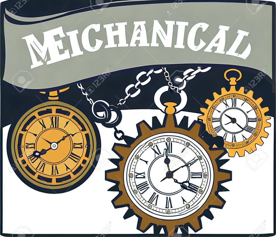 Vector Steampunk mechanical pocket watch elements are interlaced with banners and rotating parts