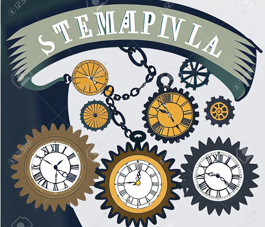 Vector Steampunk mechanical pocket watch elements are interlaced with banners and rotating parts