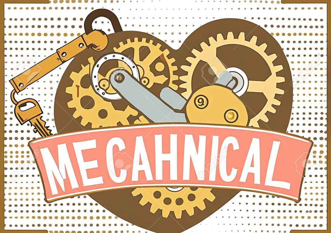 illustration of a mechanical heart closed on the lock and a number of keys hanging of a variety of metal parts Steam punk
