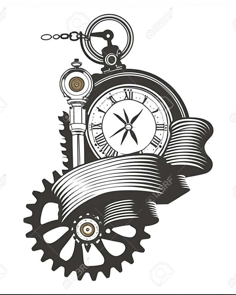 矢量蒸汽朋克機械時鐘和旋轉部件為矩形形狀徽章