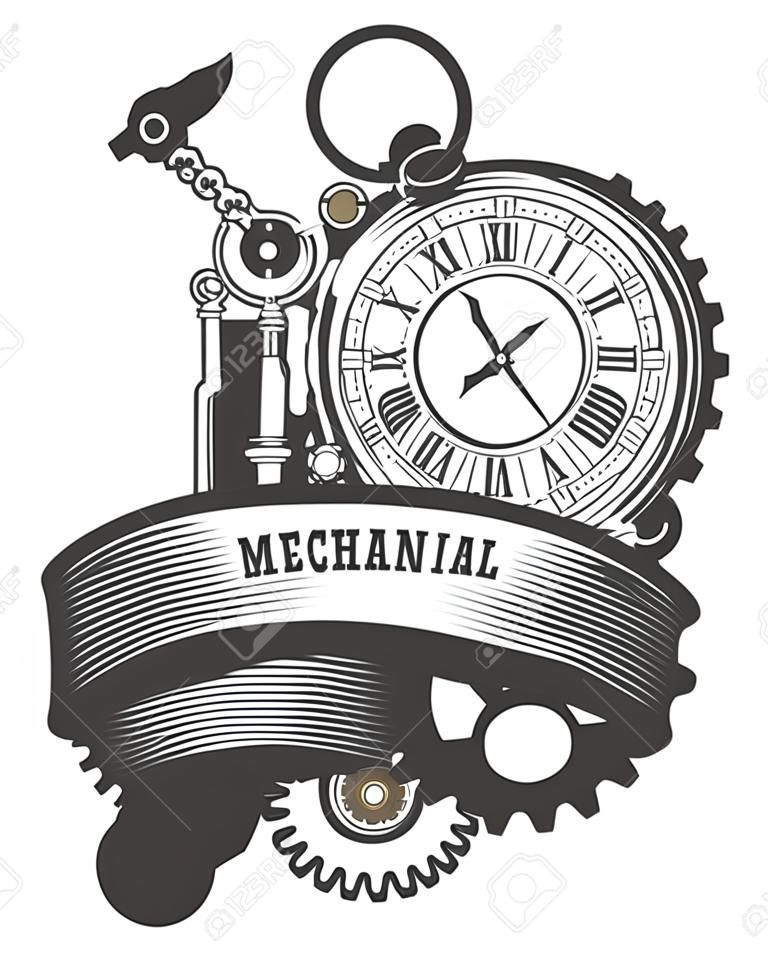 矢量蒸汽朋克機械時鐘和旋轉部件為矩形形狀徽章