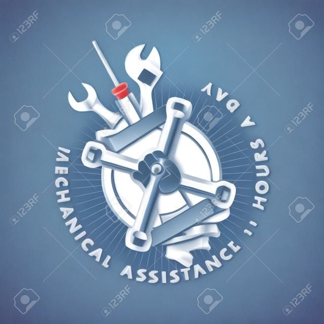 vector logo on a white background hand holding a mechanical tools in round shape
