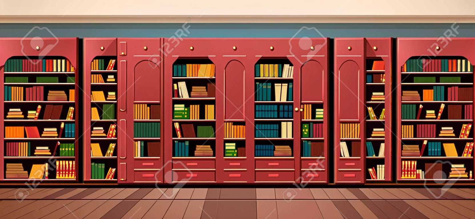Vector lo stile piano della libreria degli scaffali degli scaffali di biblioteca dell'illustrazione di vettore.