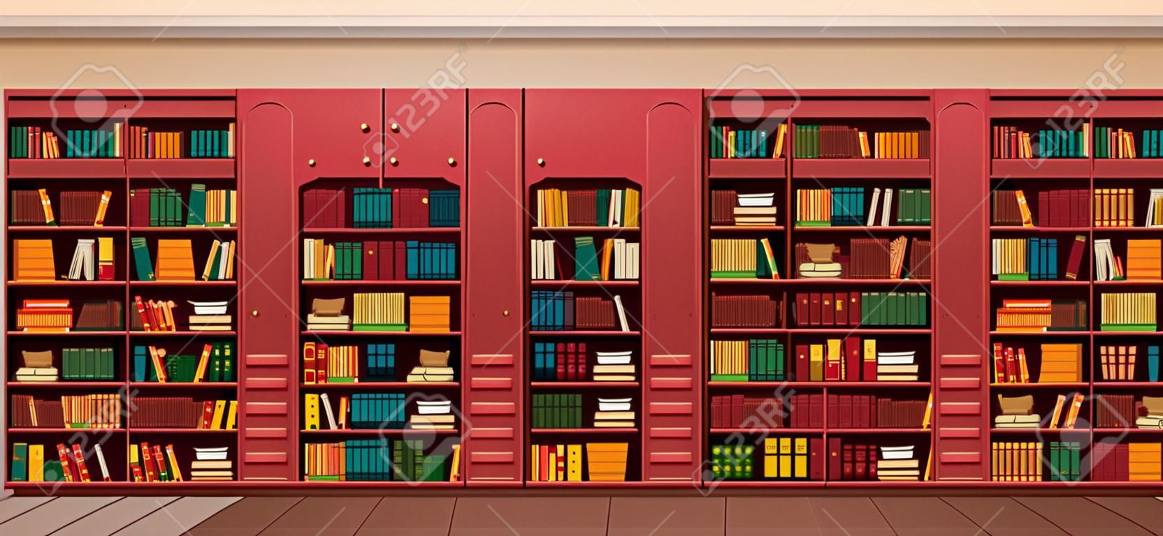 Vector illustration library shelves bookshelves library flat style.