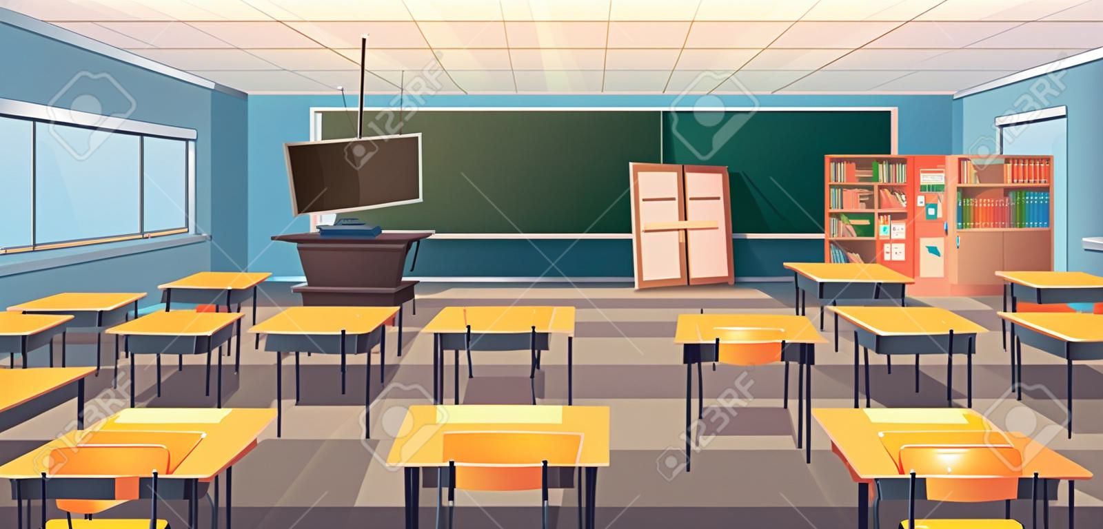 Modern flat illustration. Education background. Empty school classroom. Classroom interior. Meeting room.