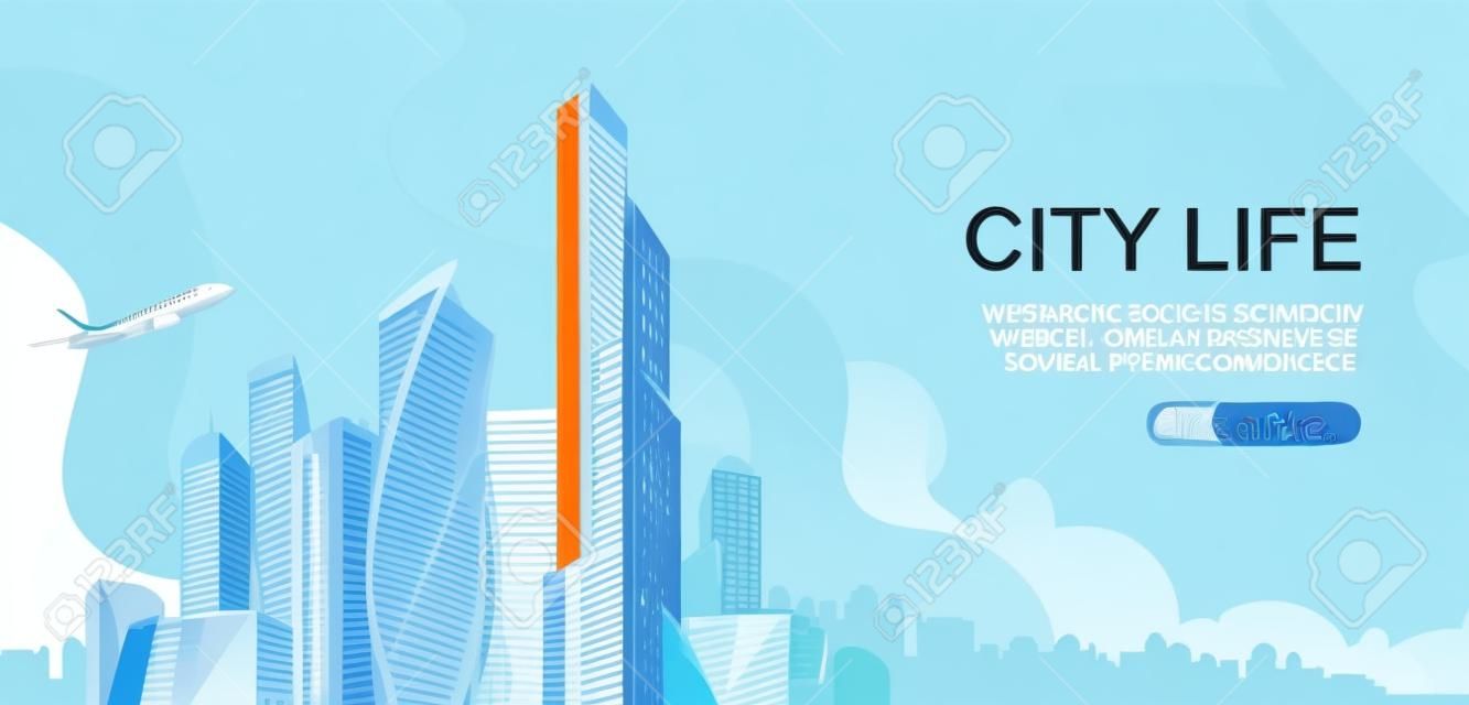 Landing page for a website about city life, social communication, concept, cityscape of a business center Vector horizontal illustration, banner on a white background