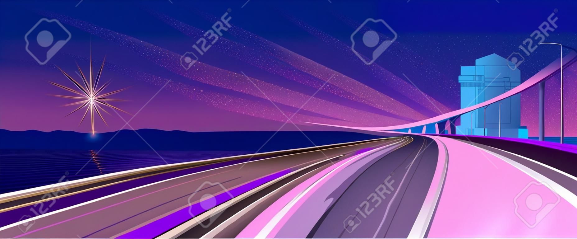 Vector conceptual background, traffic, panoramic view of the road stretching into the distance, bridge, futuristic abstract landscape