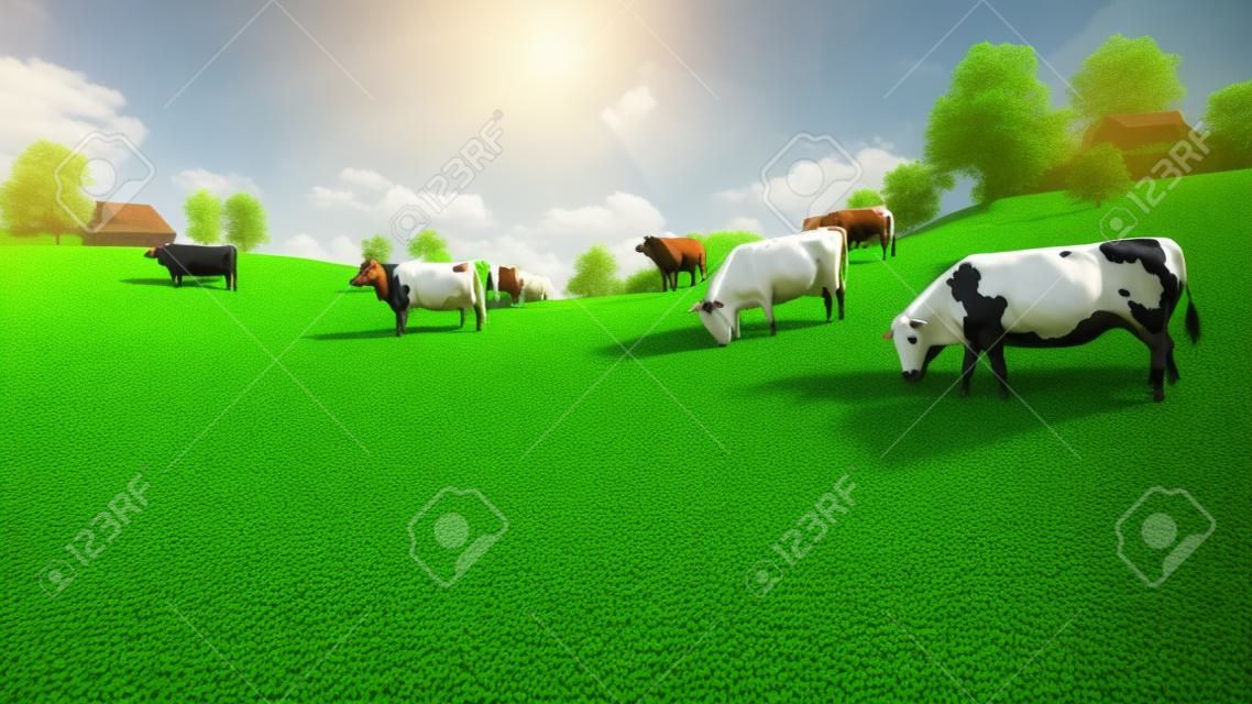 Krajobraz wiejski z stado krów wypasanych na zielonych łąkach w pobliżu rustykalnych domów. Realistyczne ilustracji 3D zostało wykonane z mojego własnego pliku renderowania 3D.