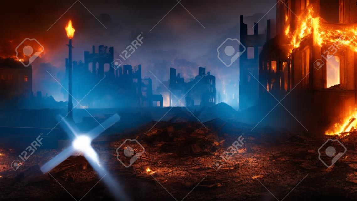 Ruined after the bombing of the World War 2 european city with burning building ruins and street barricade on foreground at night. With no people historical 3D illustration from my own rendering file.