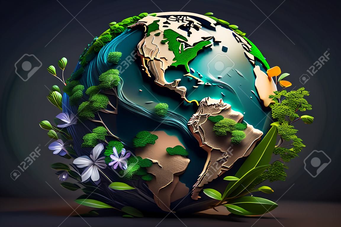 International Mother Earth Day of green world map. Save the earth concept. Happy Earth Day, 22 April. eco Earth shapes with trees water and shadow. high quality 3d illustration