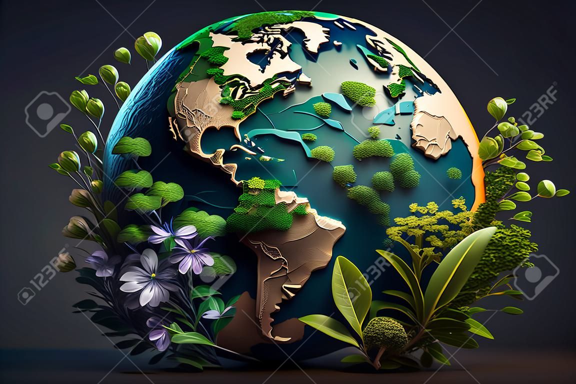 International Mother Earth Day of green world map. Save the earth concept. Happy Earth Day, 22 April. eco Earth shapes with trees water and shadow. high quality 3d illustration