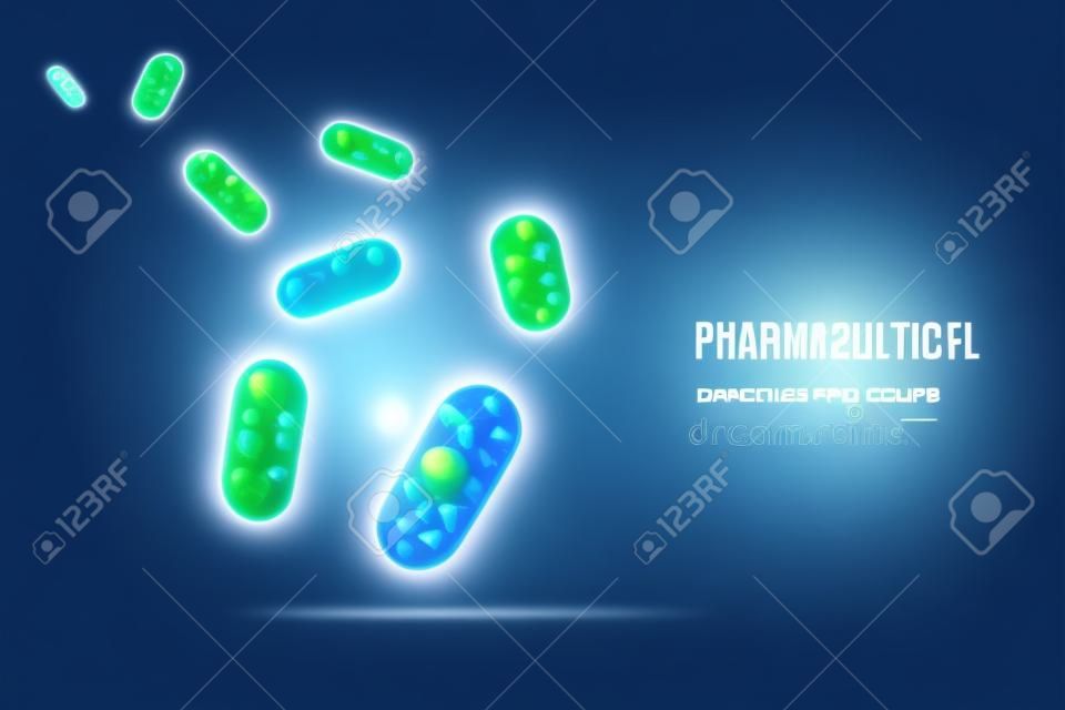 Futuristic glowing low-poly capsules with medicines, on a dark blue background. Vector illustration of a frame design. Medicine, pharmacy, healthcare, vitamins, antibiotics, pharmaceuticals, treatment concept