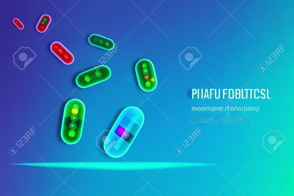 Futuristisch leuchtende Low-Poly-Kapseln mit Medikamenten auf dunkelblauem Hintergrund. Vektorillustration eines Rahmendesigns. Medizin, Pharmazie, Gesundheitswesen, Vitamine, Antibiotika, Arzneimittel, Behandlungskonzept