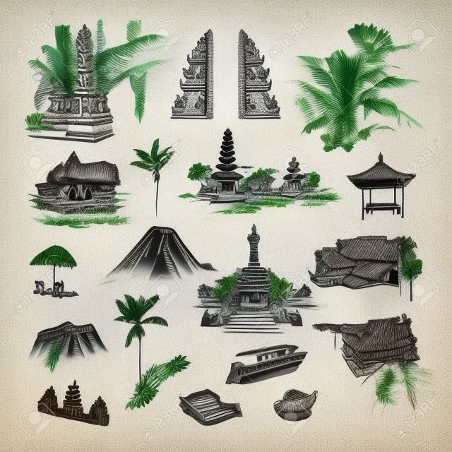 발리 섬의 스케치 요소, 건물 및 장소를 그립니다. 사원, 야자 나무, 물건 및 자연이있는 독특한 문화 컬렉션.