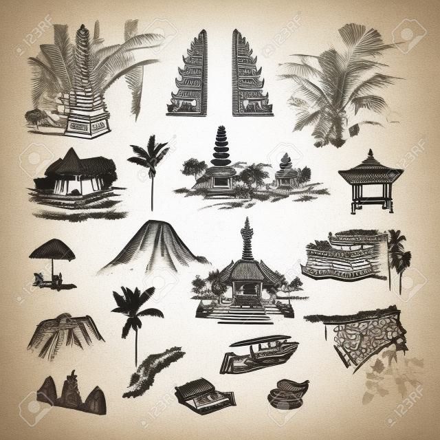 발리 섬의 스케치 요소, 건물 및 장소를 그립니다. 사원, 야자 나무, 물건 및 자연이있는 독특한 문화 컬렉션.