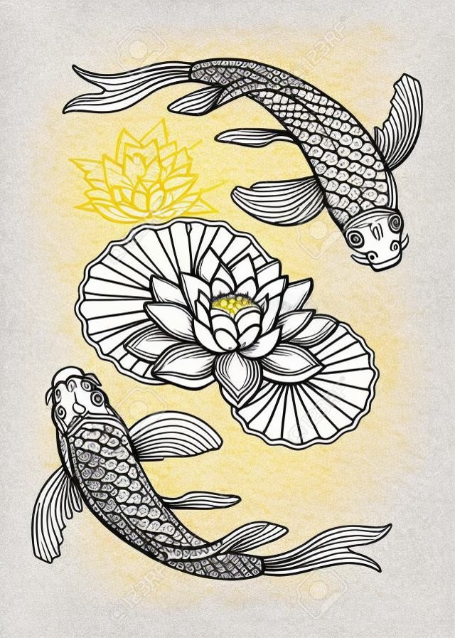Pesce etnico disegnato a mano (carpa Koi) con fiori di loto d'acqua - simbolo di armonia, saggezza. Illustrazione vettoriale isolato. Arte spirituale per tatuaggi, boho, libri da colorare. Splendidamente dettagliato, sereno.