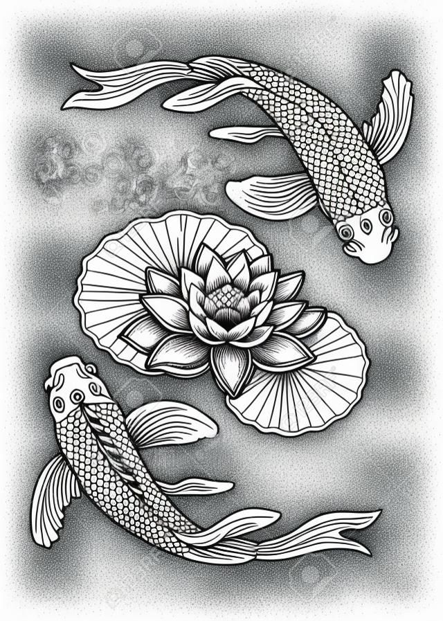 Mão desenhada peixe étnico (Koi carp) com flores de lótus de água - símbolo de harmonia, sabedoria. Ilustração vetorial isolada. Arte espiritual para tatuagem, boho, livros de colorir. Lindamente detalhado, sereno.
