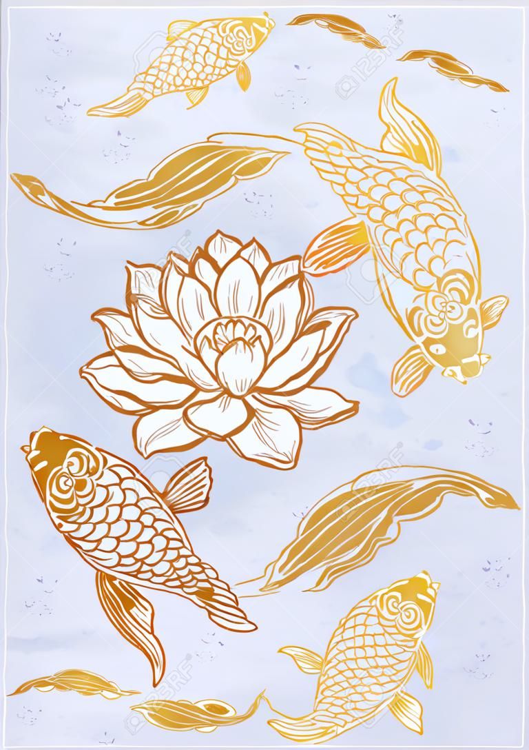Hand getrokken etnische vis (Koi karper) met water lotus bloemen - symbool van harmonie, wijsheid. Vector illustratie geïsoleerd. Spirituele kunst voor tatoeage, boho, kleurboeken. Prachtig gedetailleerd, serene.