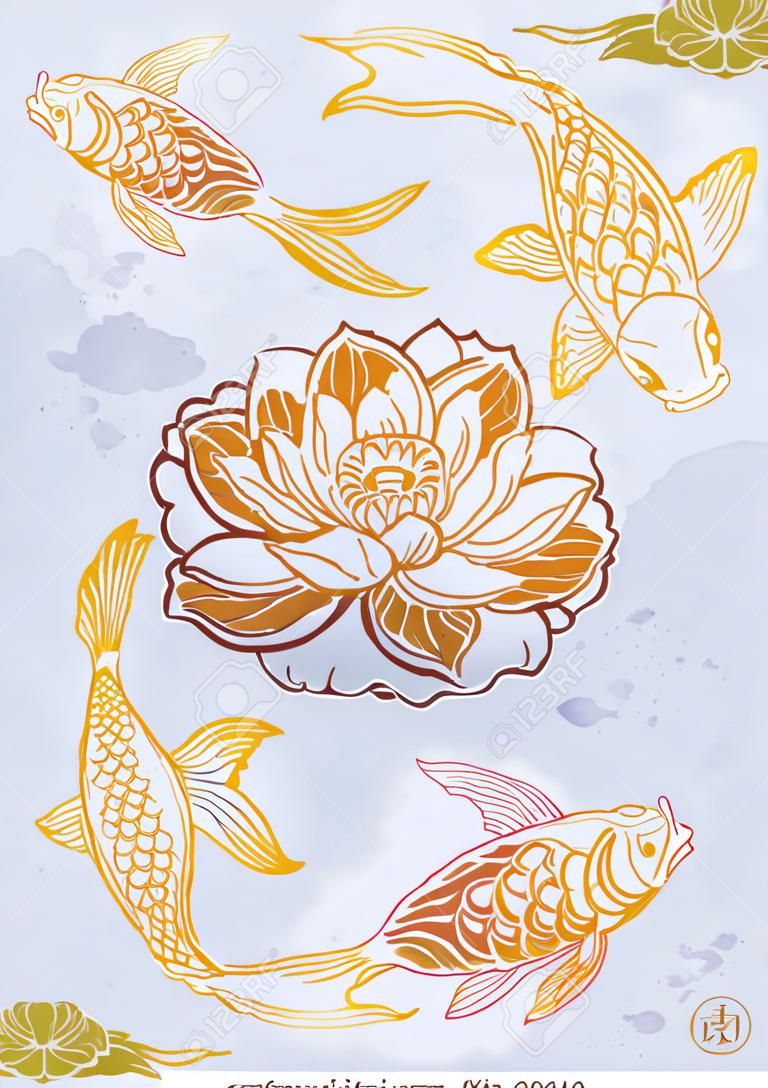 Hand getrokken etnische vis (Koi karper) met water lotus bloemen - symbool van harmonie, wijsheid. Vector illustratie geïsoleerd. Spirituele kunst voor tatoeage, boho, kleurboeken. Prachtig gedetailleerd, serene.