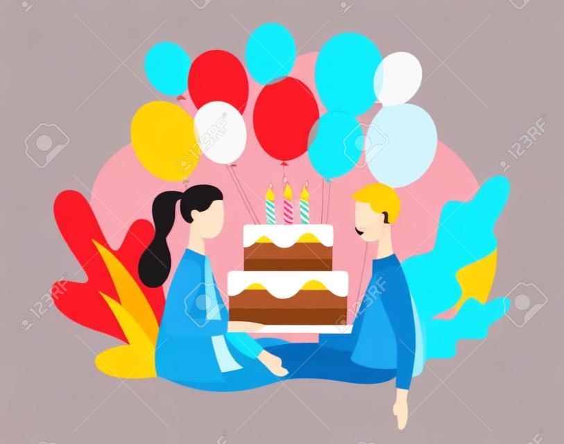 Notion de joyeux anniversaire. Guy et fille avec un gâteau d'anniversaire. Style de dessin animé plat moderne. Illustration vectorielle