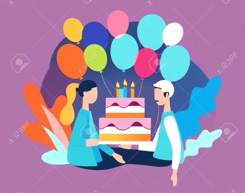 Buon compleanno concetto. Ragazzo e ragazza con la torta di compleanno. Stile cartone animato piatto moderno. Illustrazione vettoriale