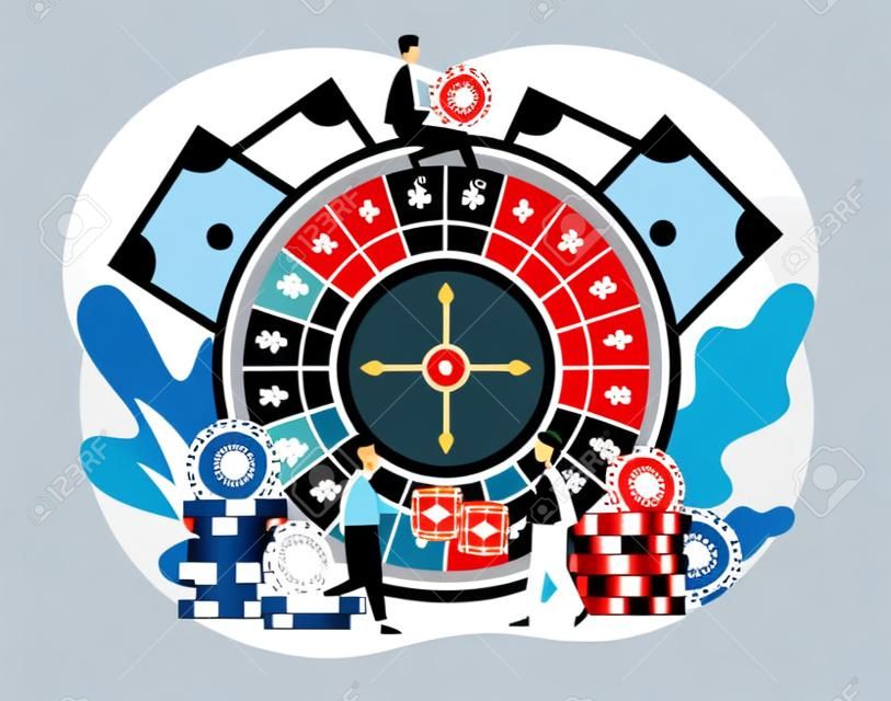 Casino and Gambling Concept. Tiny people gaming gambling games. People play Roulette. Modern flat cartoon style. Vector illustration on white background