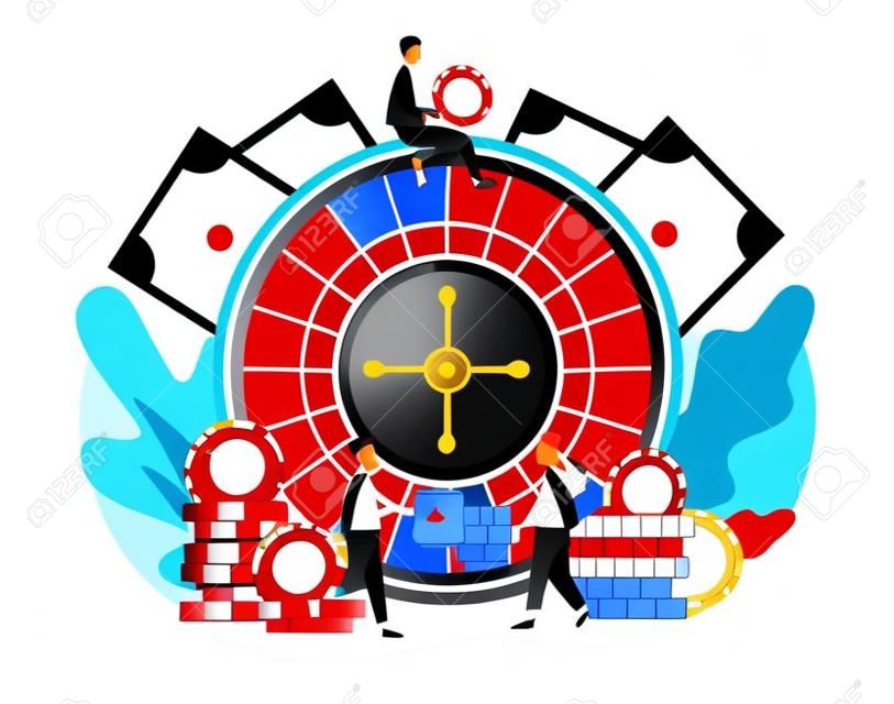 Casino and Gambling Concept. Tiny people gaming gambling games. People play Roulette. Modern flat cartoon style. Vector illustration on white background