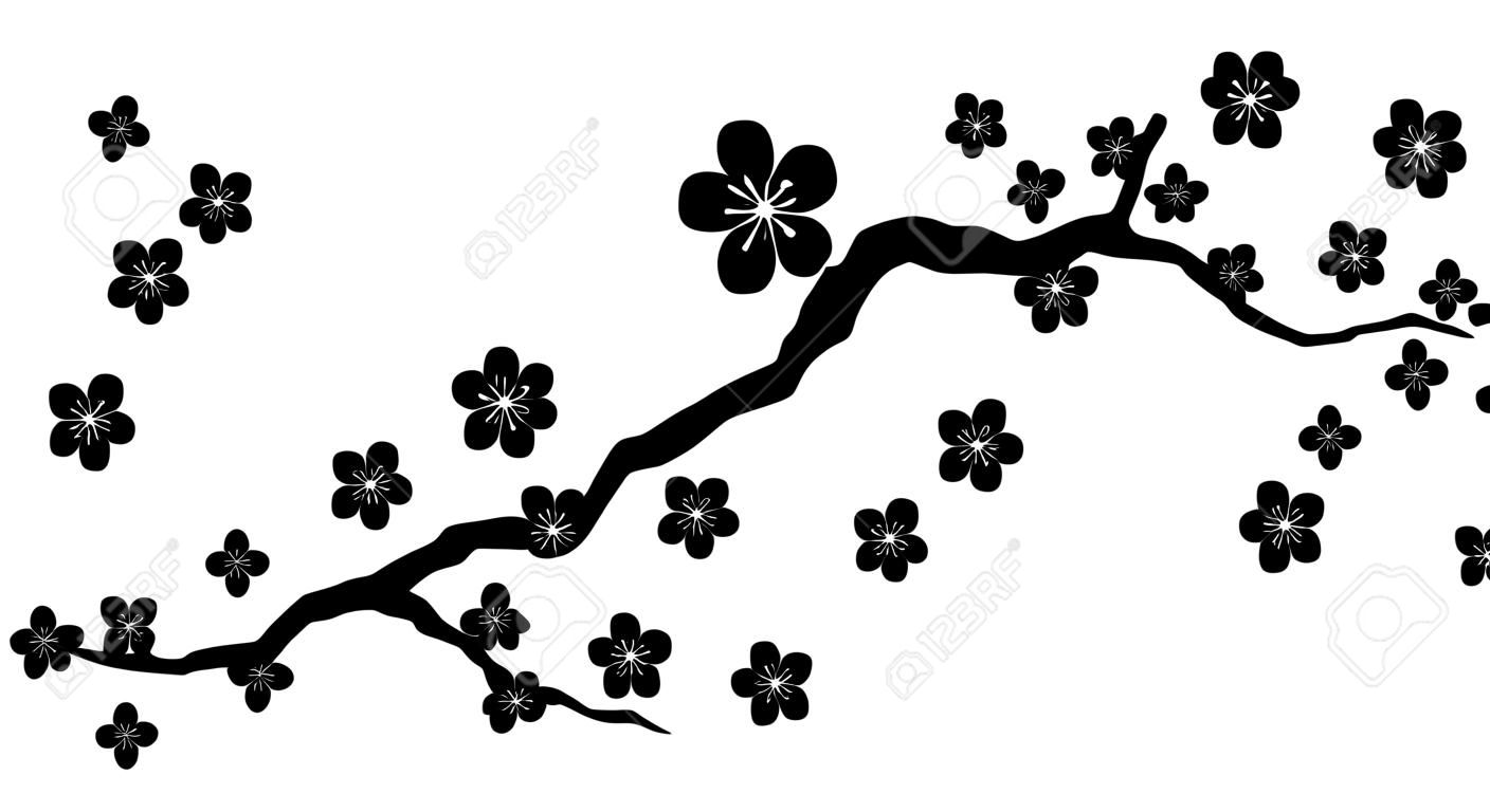 Peach or cherry blossom tree branch with flowers flat vector graphic