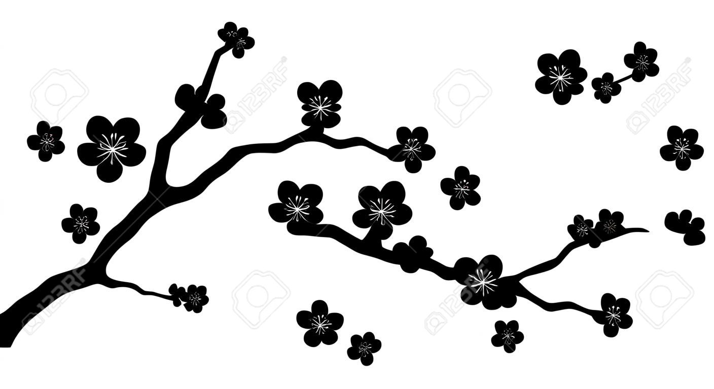 Peach or cherry blossom tree branch with flowers flat vector graphic