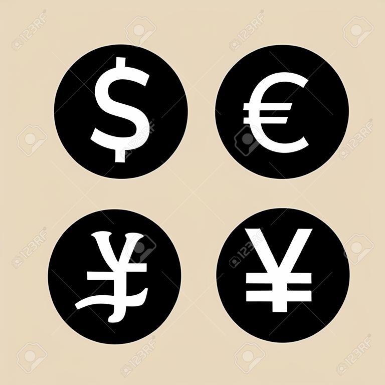 Dolar, euro, jen i funt Yuan kantor okrągły płaski ikona aplikacji i stron internetowych