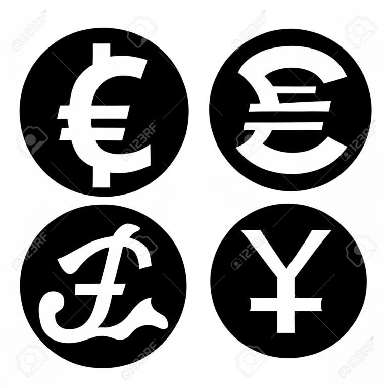 Доллар, евро, иена и фунт Юань круглый пункт обмена валюты плоские иконки для приложений и веб-сайтов