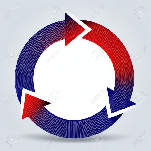 Trzy okrągłe strzałki w okrągłej, obracającej się okrągłej ikonie koloru płaskiego wektora dla aplikacji i stron internetowych