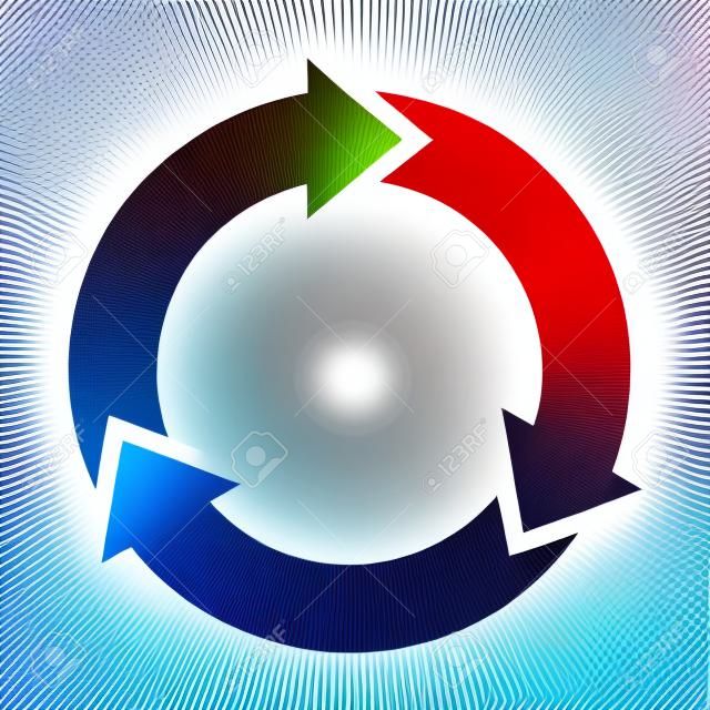 Drie cirkelpijlen in een rond draaiende cirkelbeweging vlak vectorkleurpictogram voor apps en websites