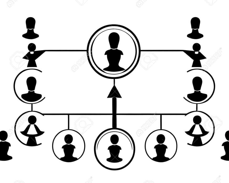 Líder feminina em uma hierarquia de gerenciamento de negócios com ícone de vetor plano de gerentes para aplicativos e sites