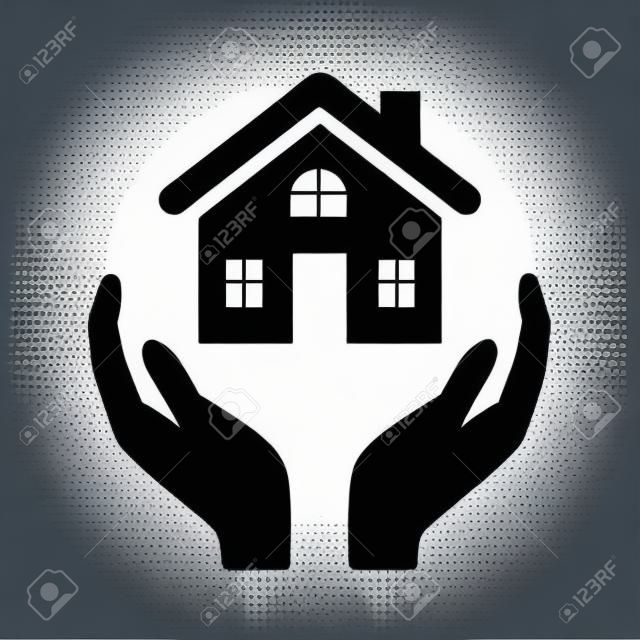 Mani che tengono l'icona vettoriale piatta dell'assicurazione della casa o dei proprietari di case per app e siti Web immobiliari