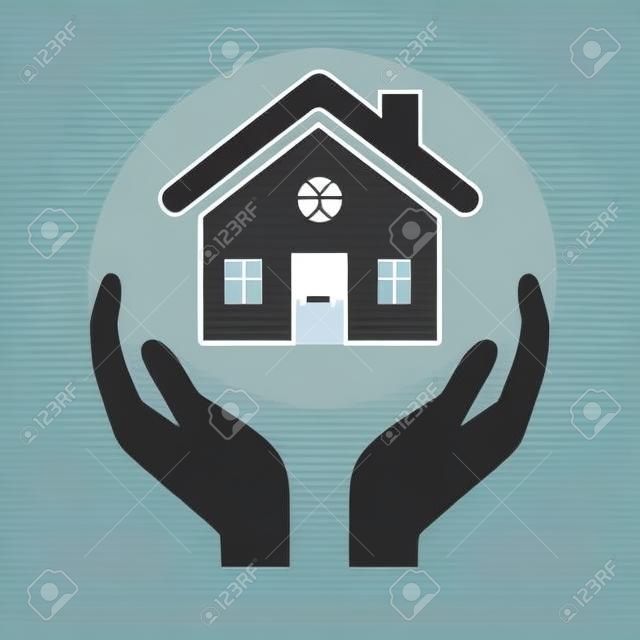 Manos sosteniendo el icono de vector plano de seguro de hogar o propietario para aplicaciones de bienes raíces y sitio web