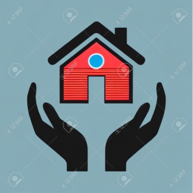 不動産アプリやウェブサイトのための家や住宅所有者保険フラットベクトルアイコンを保持する手
