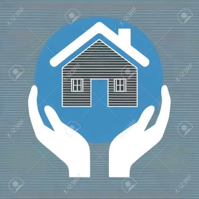 Mani che tengono l'icona vettoriale piatta dell'assicurazione della casa o dei proprietari di case per app e siti Web immobiliari