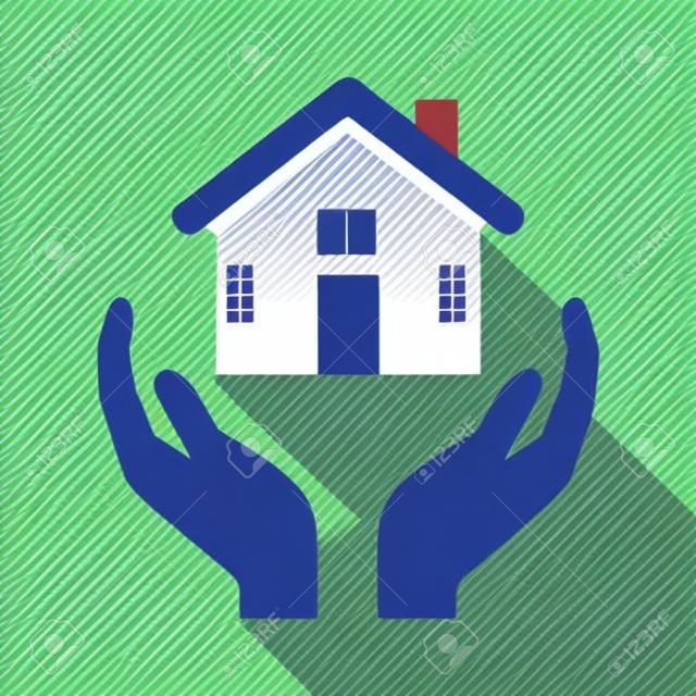 不動産アプリやウェブサイトのための家や住宅所有者保険フラットベクトルアイコンを保持する手