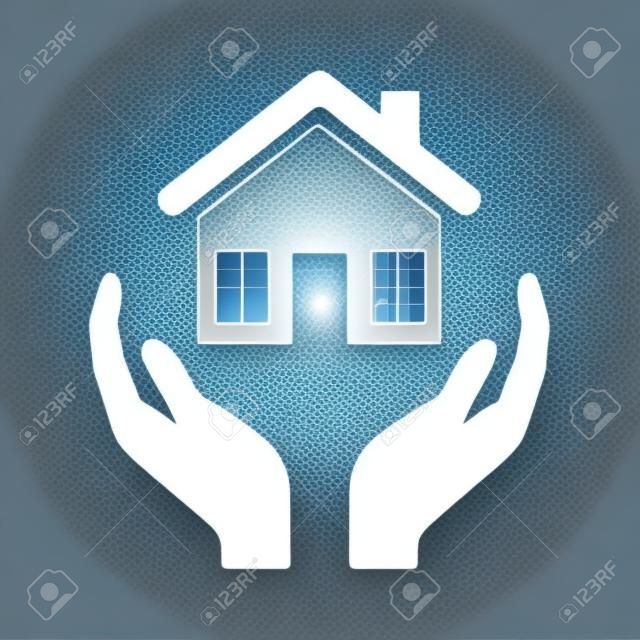 Mãos que prendem a casa ou o ícone liso do vetor do seguro dos proprietários para aplicações e o Web site do real estate
