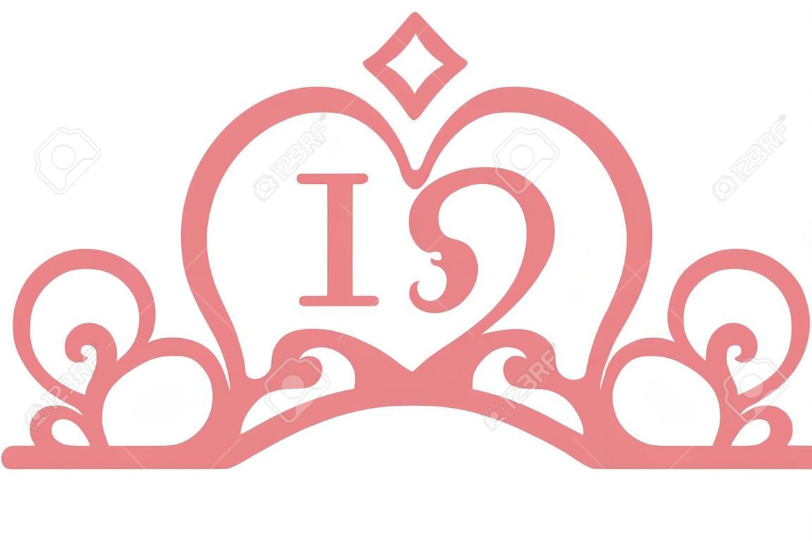 Tiara de corona de quinceañera o quinceañera con el número 15 dentro del icono de vector de arte de línea