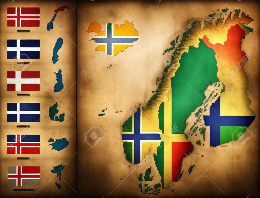 Mapa detallado de Escandinavia con siluetas y banderas de países