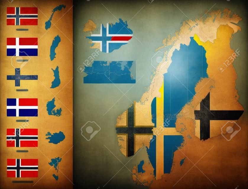 Szczegółowa mapa Skandynawii z sylwetkami krajów i flagami