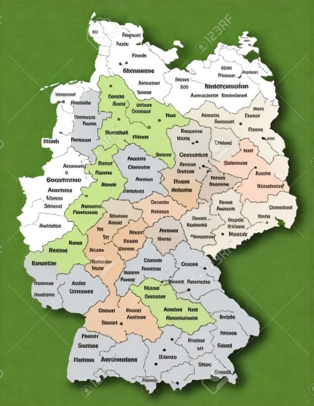 Detailed map of federal states of Germany with administrative divisions into lands and regions of the country, vector illustration on a white background