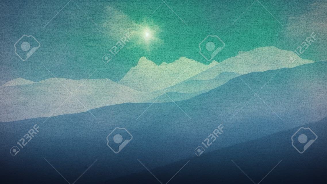 cime delle montagne dei Carpazi occidentali in autunno coperte di nebbia o nuvole con sfumature blu e linee multidimensionali - look retrò vintage