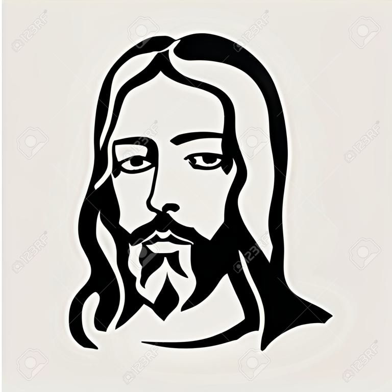 Jezus Chrystus twarz szkic sztuki na sylwetka czarno-biały ilustracja.