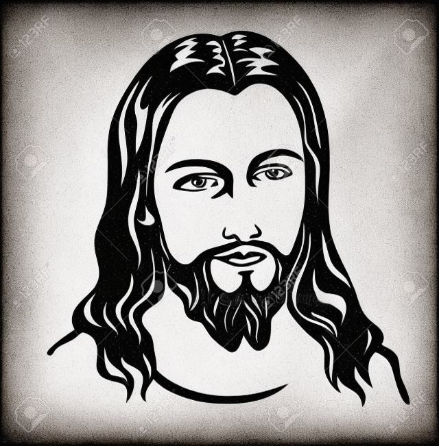 イエス・キリストは、シルエットの黒と白のイラストにスケッチアートに直面しています。