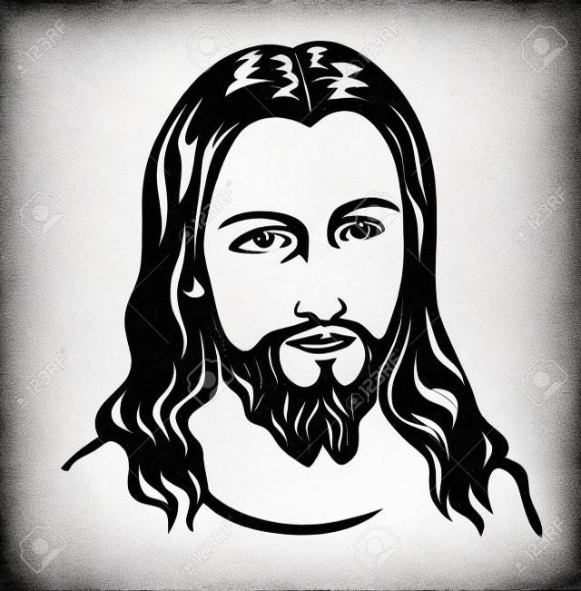 Art de croquis de visage de Jésus-Christ sur l'illustration silhouette noir et blanc.